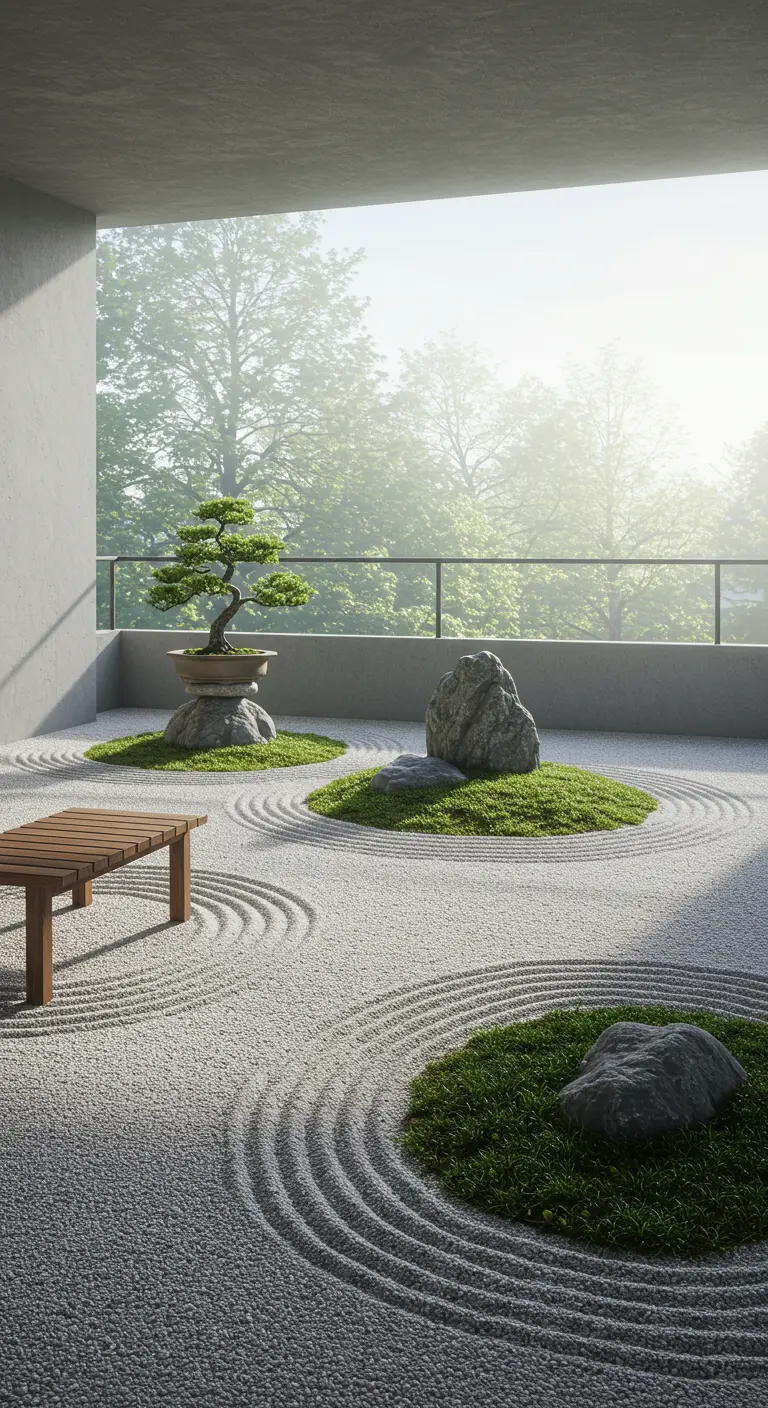 Moderne zentuin op balkon met geharkt grind, grote steen, bonsai en houten bankje.