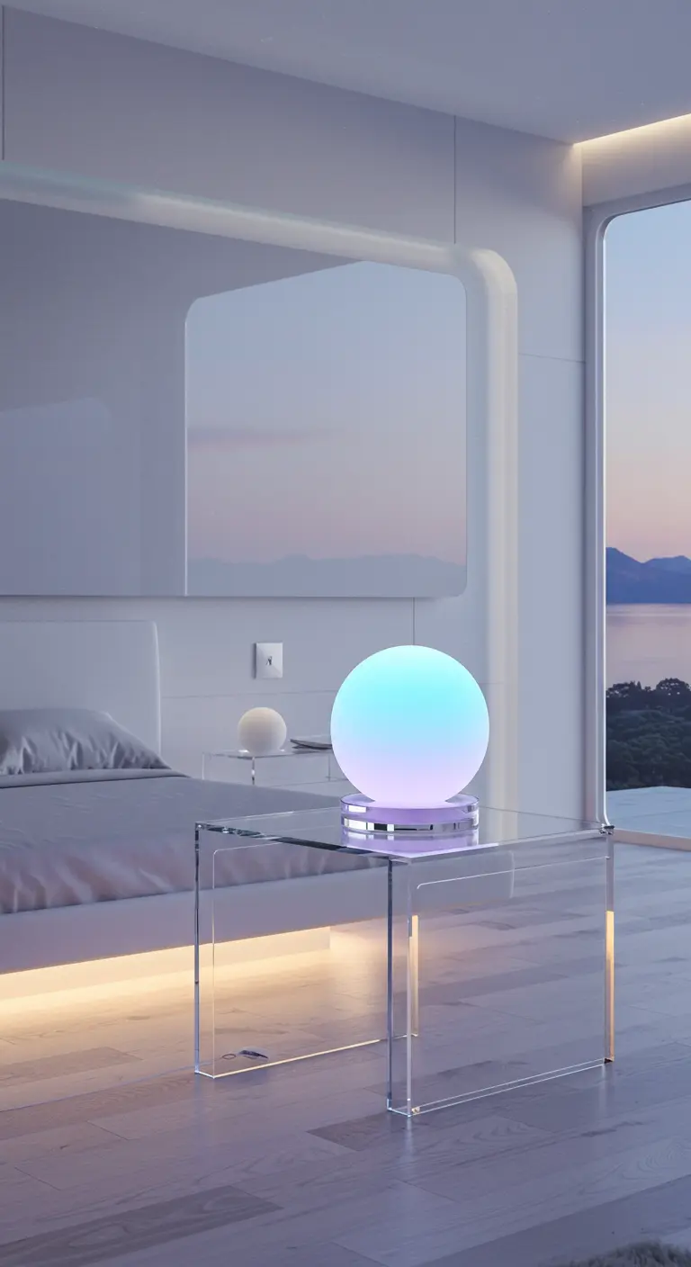 Kleurveranderende LED-bollamp op een transparant nachtkastje in een minimalistische, lichte slaapkamer.