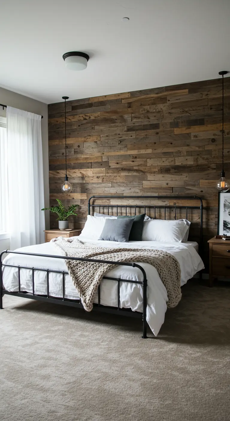 Slaapkamer met rustieke houten accentmuur achter een zwart metalen bed en hanglampen.