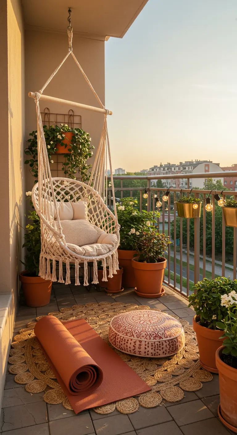 Witte macramé hangstoel op balkon met yogamat, planten en zonsondergang.