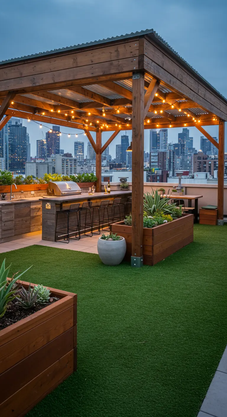 Daktuin met houten pergola, kunstgras, complete buitenkeuken met bar en eetgedeelte.