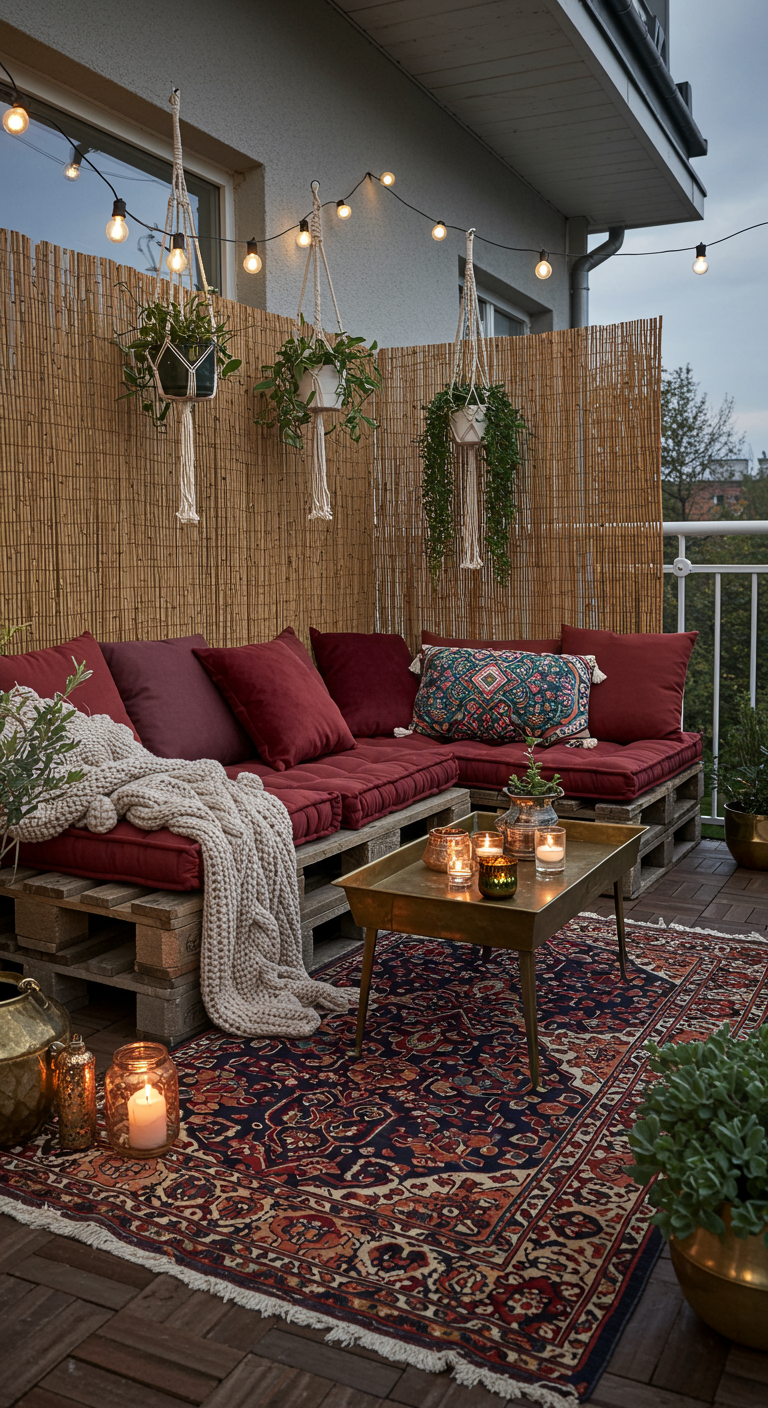 Balkon met palletbank, rode kussens, Perzisch tapijt, rieten privacyscherm en lichtslingers.