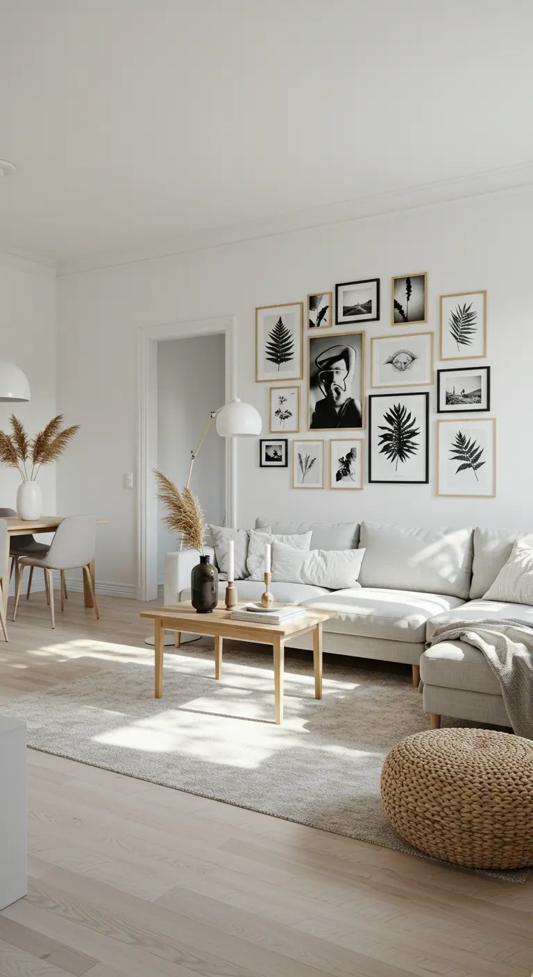 Woonkamer met witte muur en galerij van botanische prints in houten lijsten.