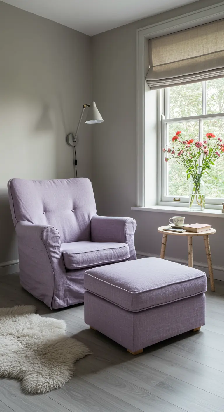 Leeshoek met lavendel fauteuil en poef, schapenvacht, houten krukje en bloemen.