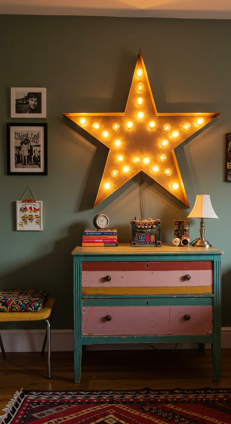 Slaapkamer met een grote, warm verlichte ster als wanddecoratie boven een kleurrijk vintage dressoir.
