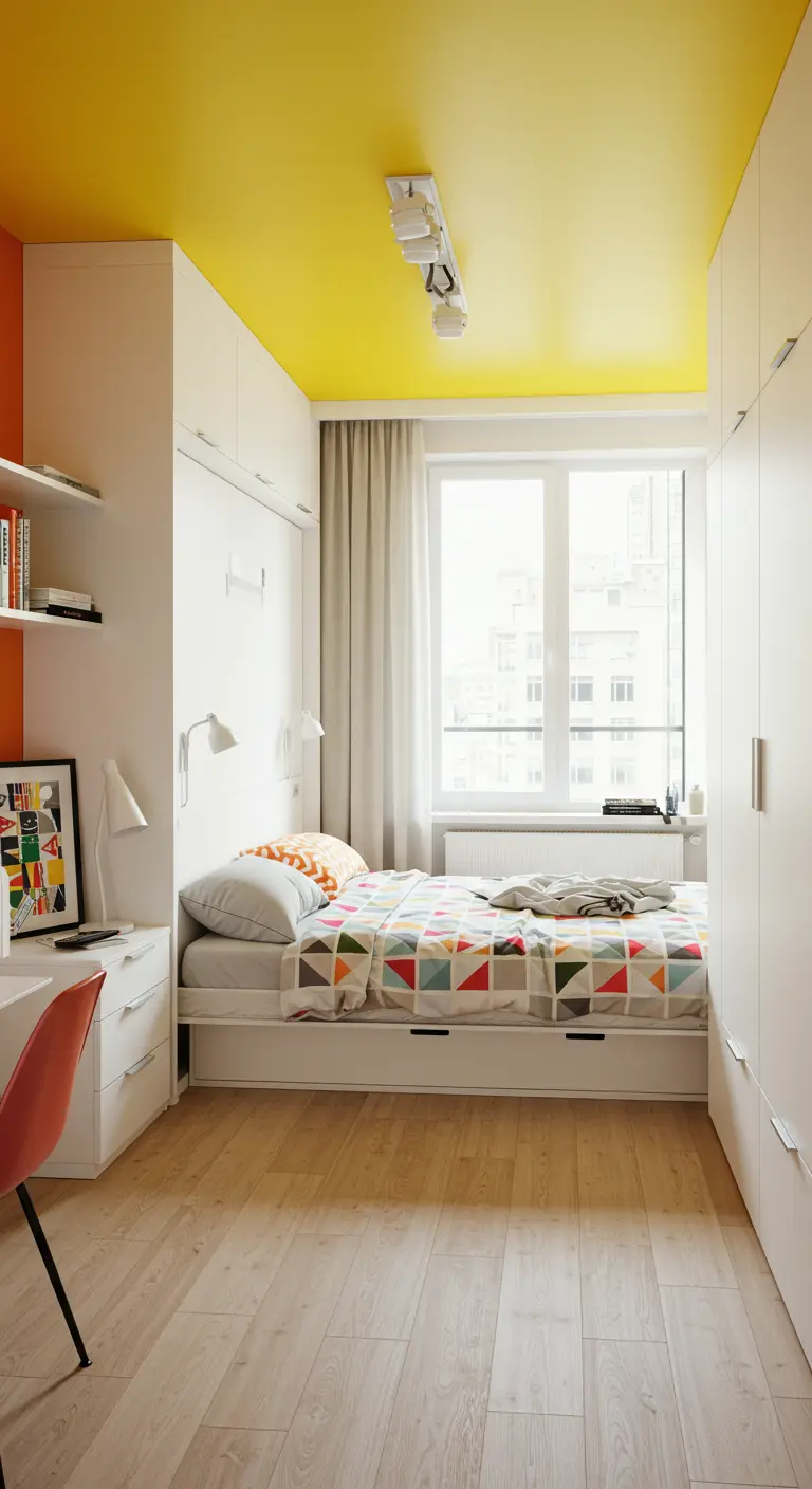 Compacte slaapkamer met geel kleurverloop op het plafond en oranje accentmuur.