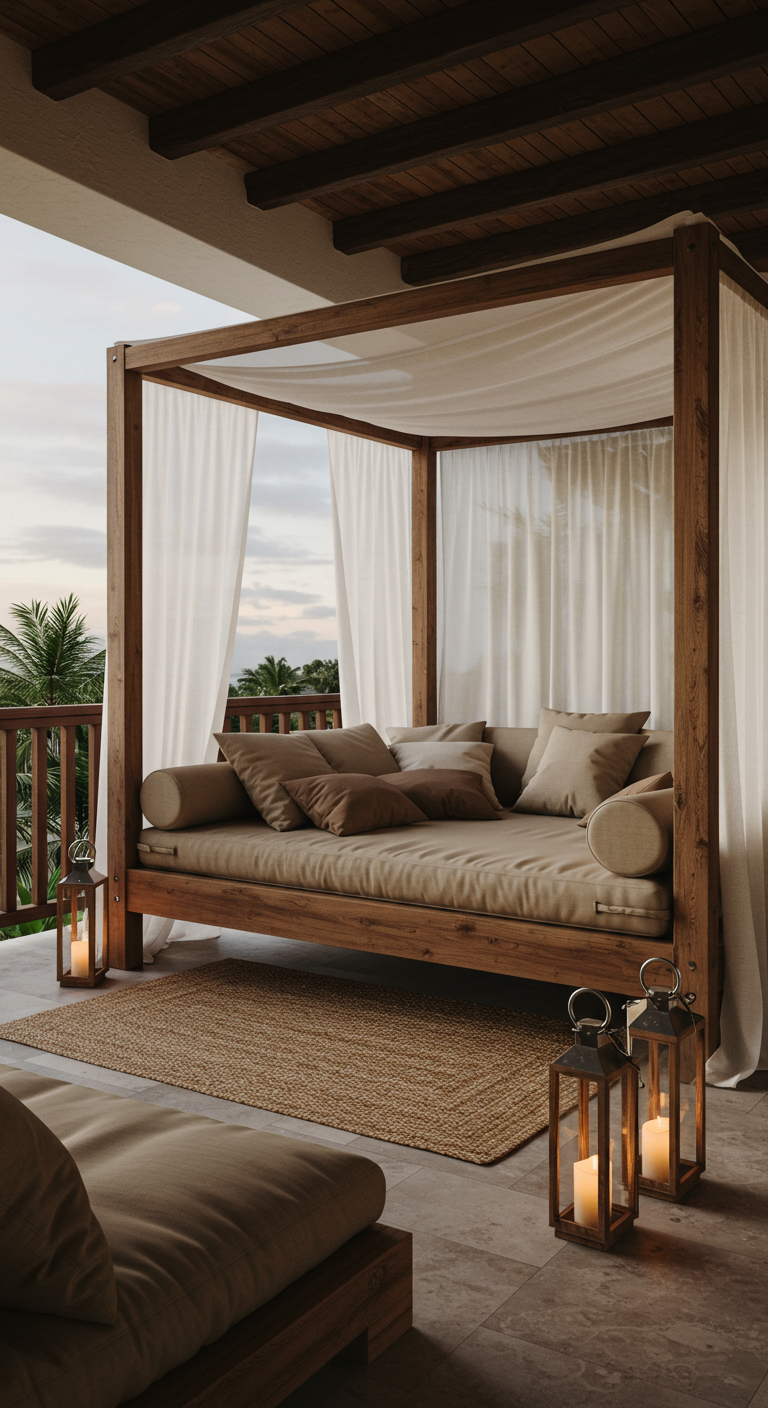 Balkon met groot houten daybed, witte gordijnen, kussens en lantaarns, resort-stijl.