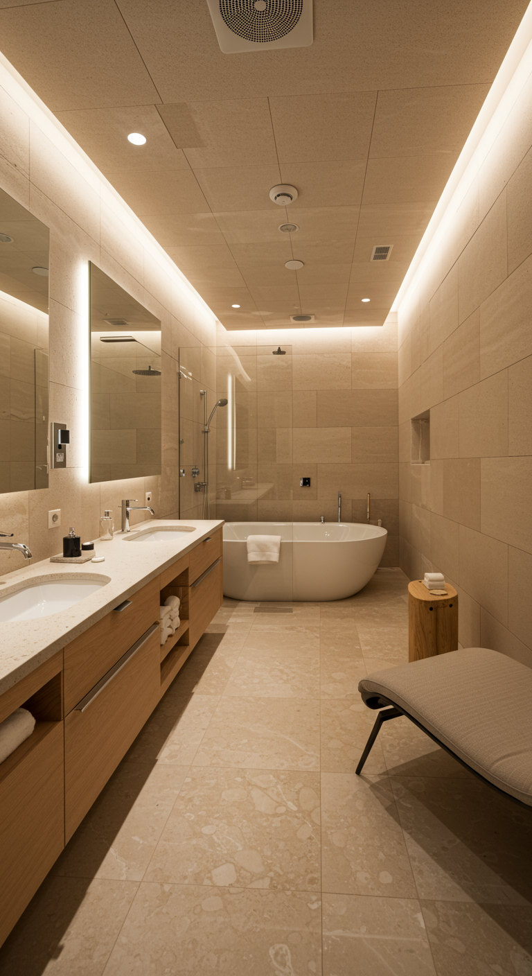 Ruime badkamer met ligstoel en indirecte sfeerverlichting.