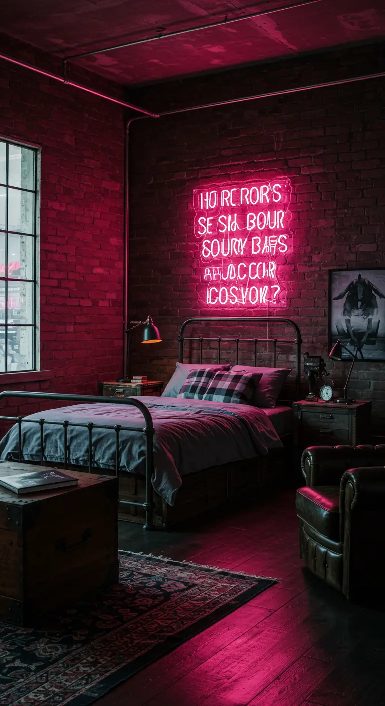 Slaapkamer met bakstenen muur en roze neonlicht tekst
