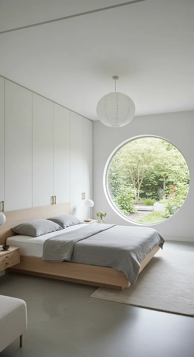 Minimalistische slaapkamer met groot rond raam en witte papieren hanglamp.