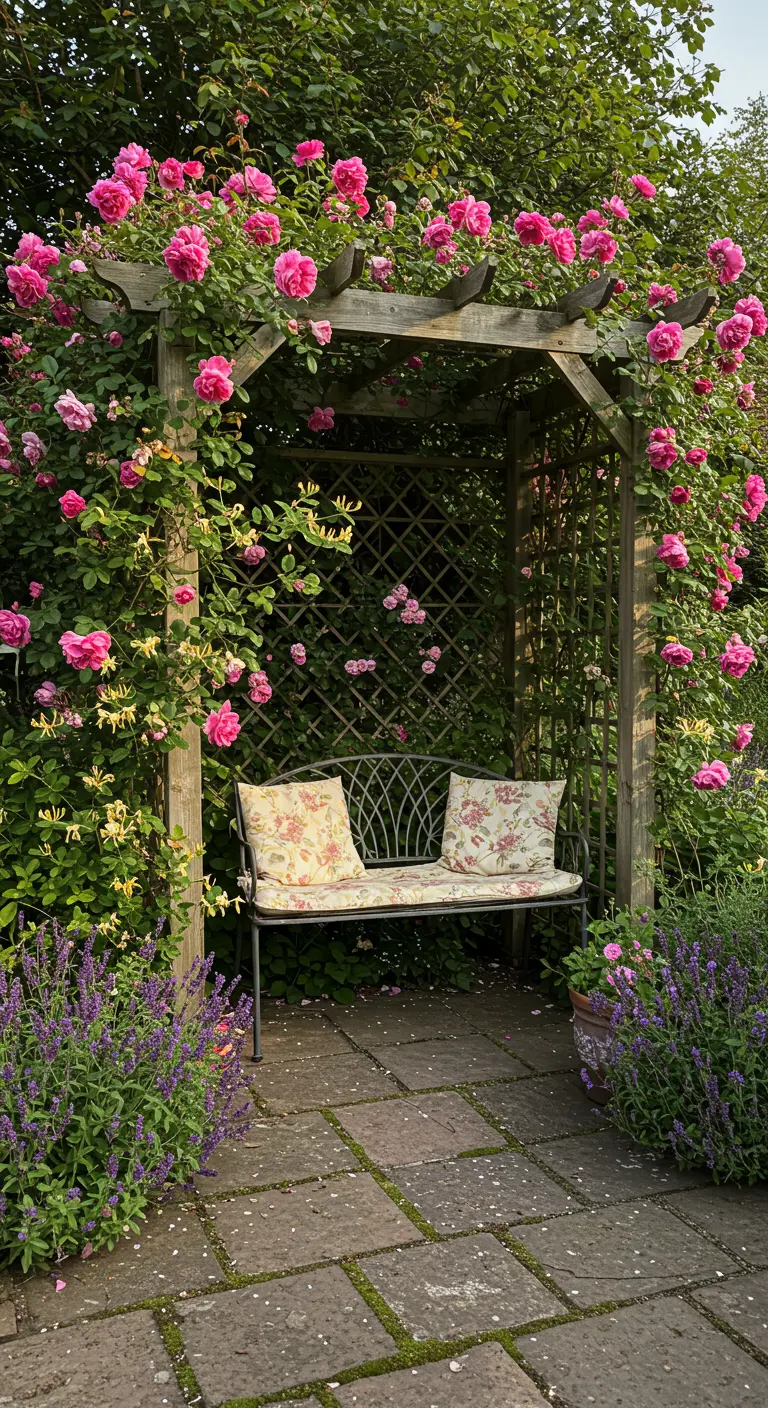 Houten pergola overgroeid met roze klimrozen boven een metalen bankje met kussens.
