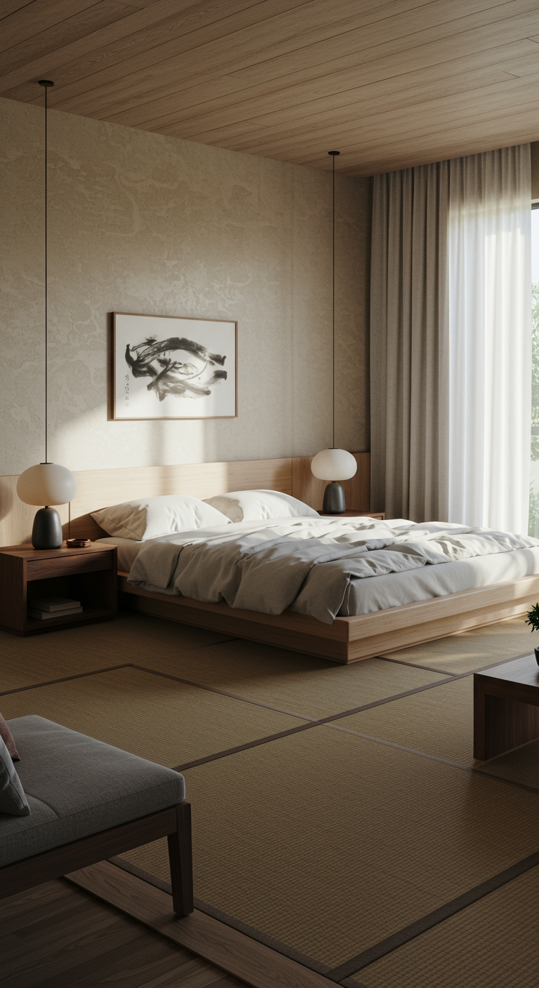 Lichte Japandi slaapkamer met laag houten bed, tatami matten en kunstwerk boven bed.
