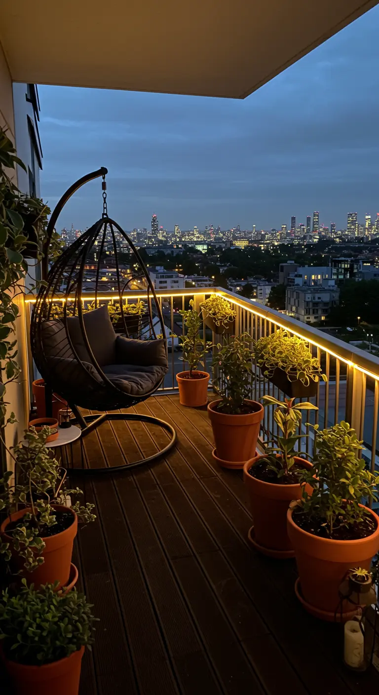 Eivormige hangstoel op balkon 's avonds, met stadslichten en sfeerverlichting.