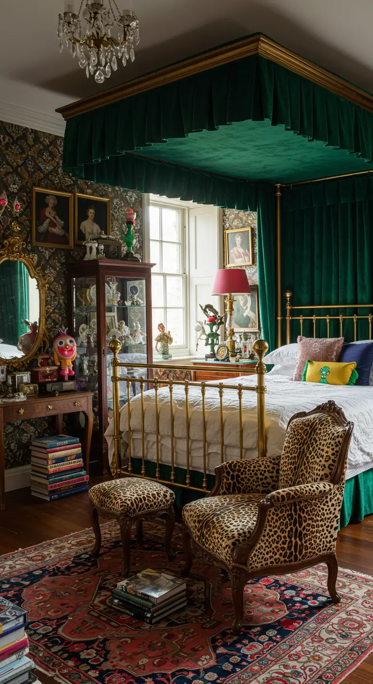 Eclectische slaapkamer met hemelbed, dierenprint en kleurrijke details.