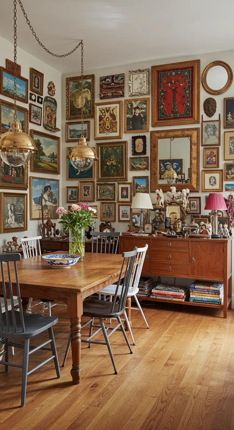 Eclectische eethoek met een volle gallery wall, diverse stoelen en een houten tafel.
