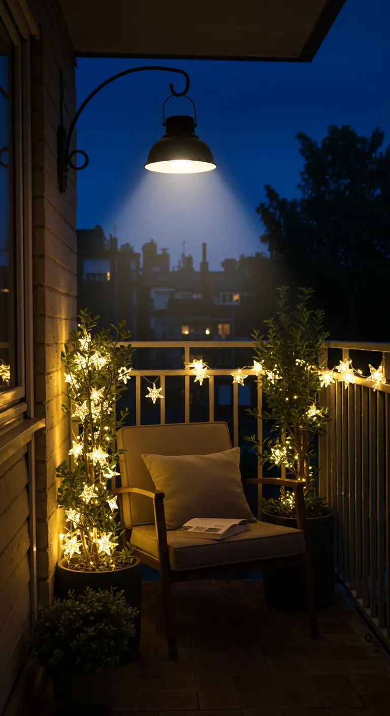 Balkon leeshoek 's avonds met een hanglamp en planten met kerstlichtjes.