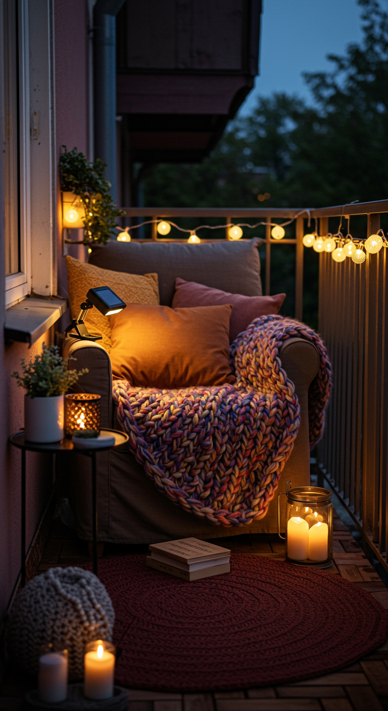 Knus leeshoekje op balkon met fauteuil, dik plaid, lichtslinger en kaarsen.