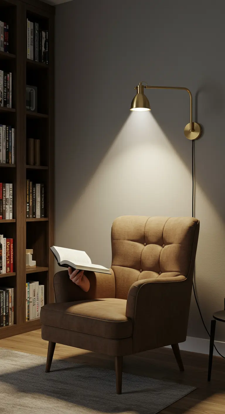 Comfortabele fauteuil in een leeshoek met een goudkleurige, verstelbare wandlamp erboven.