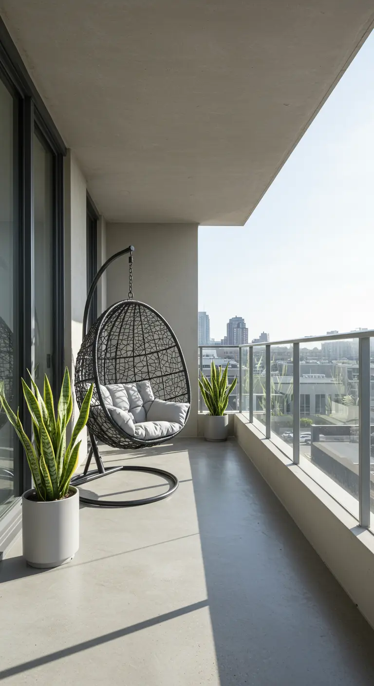 Zwarte eivormige hangstoel op modern balkon met sanseveria's.