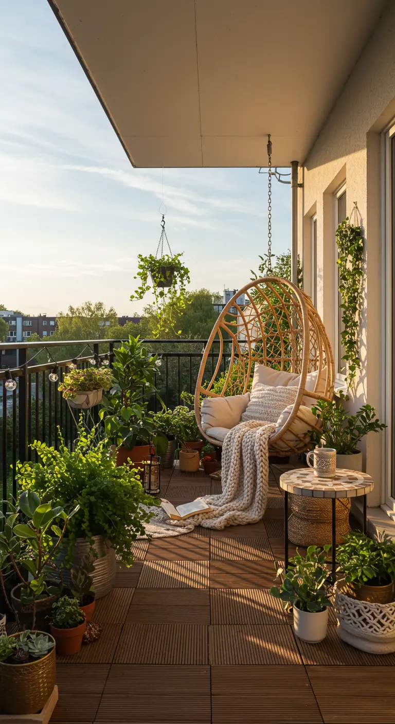 Rieten hangstoel op een groen balkon met veel planten en sfeervolle verlichting.