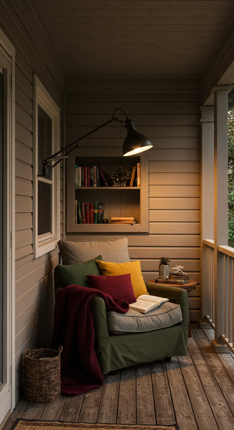 Knusse veranda leeshoek met fauteuil, boekenplank en warme verlichting (inspiratie voor hangstoel).