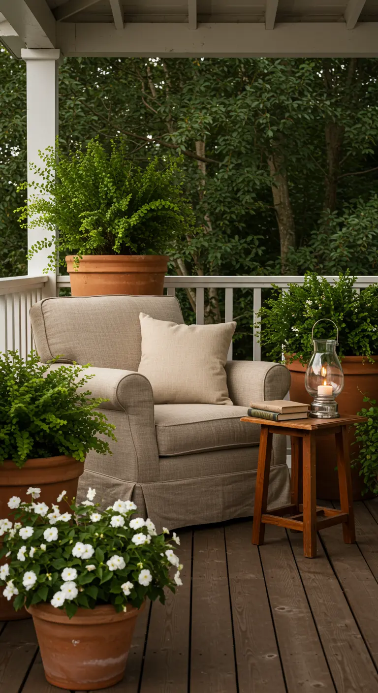 Gezellige veranda met comfortabele fauteuil, houten bijzettafel, lantaarn en potplanten.