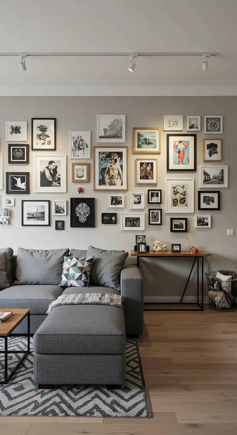 Woonkamer met grote gallery wall vol diverse ingelijste foto's en prints boven een grijze bank.