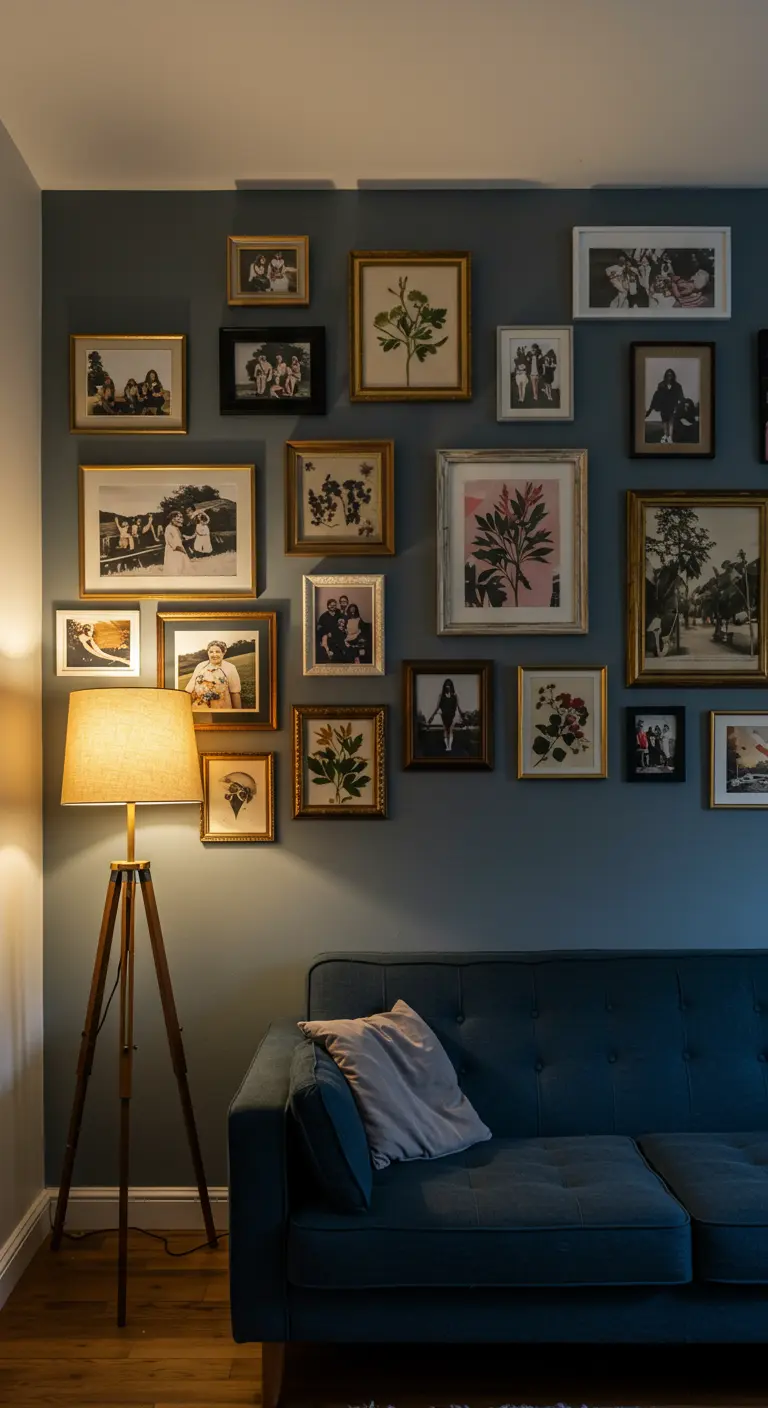 Gallery wall met diverse fotolijsten boven een donkerblauwe bank.