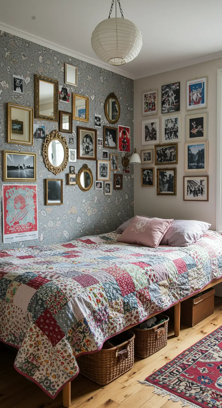 Eclectische slaapkamer met een gallery wall vol lijsten en posters op een behangen muur.