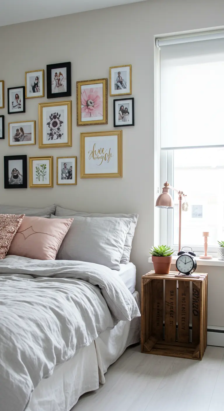 Slaapkamer met fotomuur boven het bed en houten krat als nachtkastje.