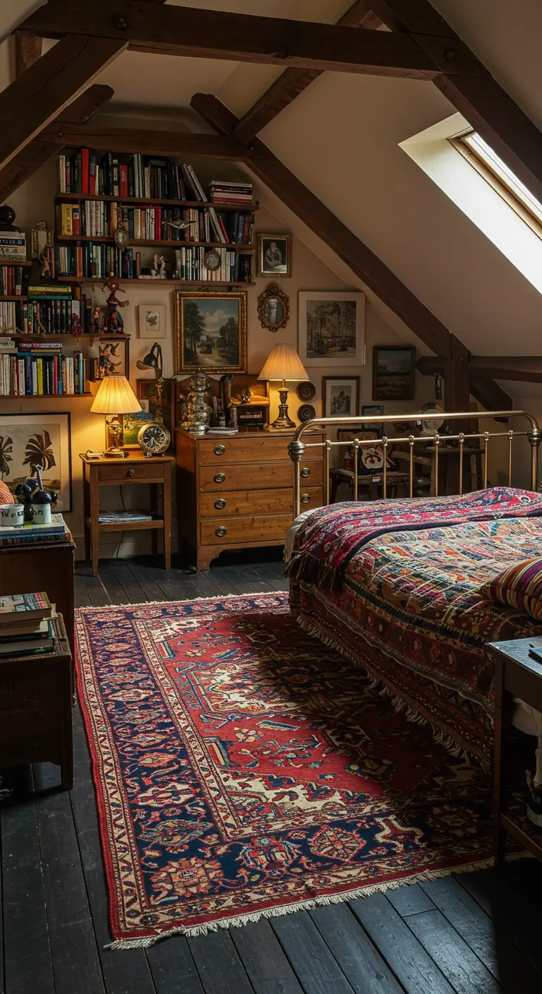 Eclectische zolderslaapkamer met een groot, kleurrijk Perzisch vloerkleed.