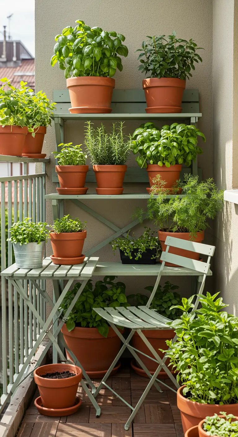 Balkon met een groene etagère vol terracotta potten met diverse kruiden, en een klapstoeltje.
