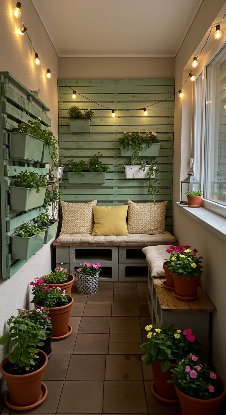 Balkon met verticale pallettuin, bank van betonblokken en sfeerverlichting.