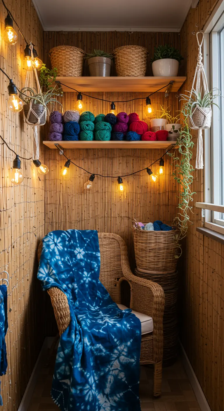 Knus balkon met rotan stoel, tie-dye kleed, planken vol garen en sfeervolle lichtslingers.