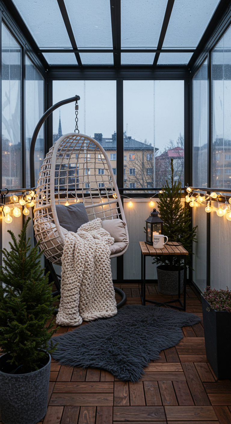 Witte hangstoel op overdekt balkon met lichtsnoer, dekens en kerstboompjes in winterse sfeer.