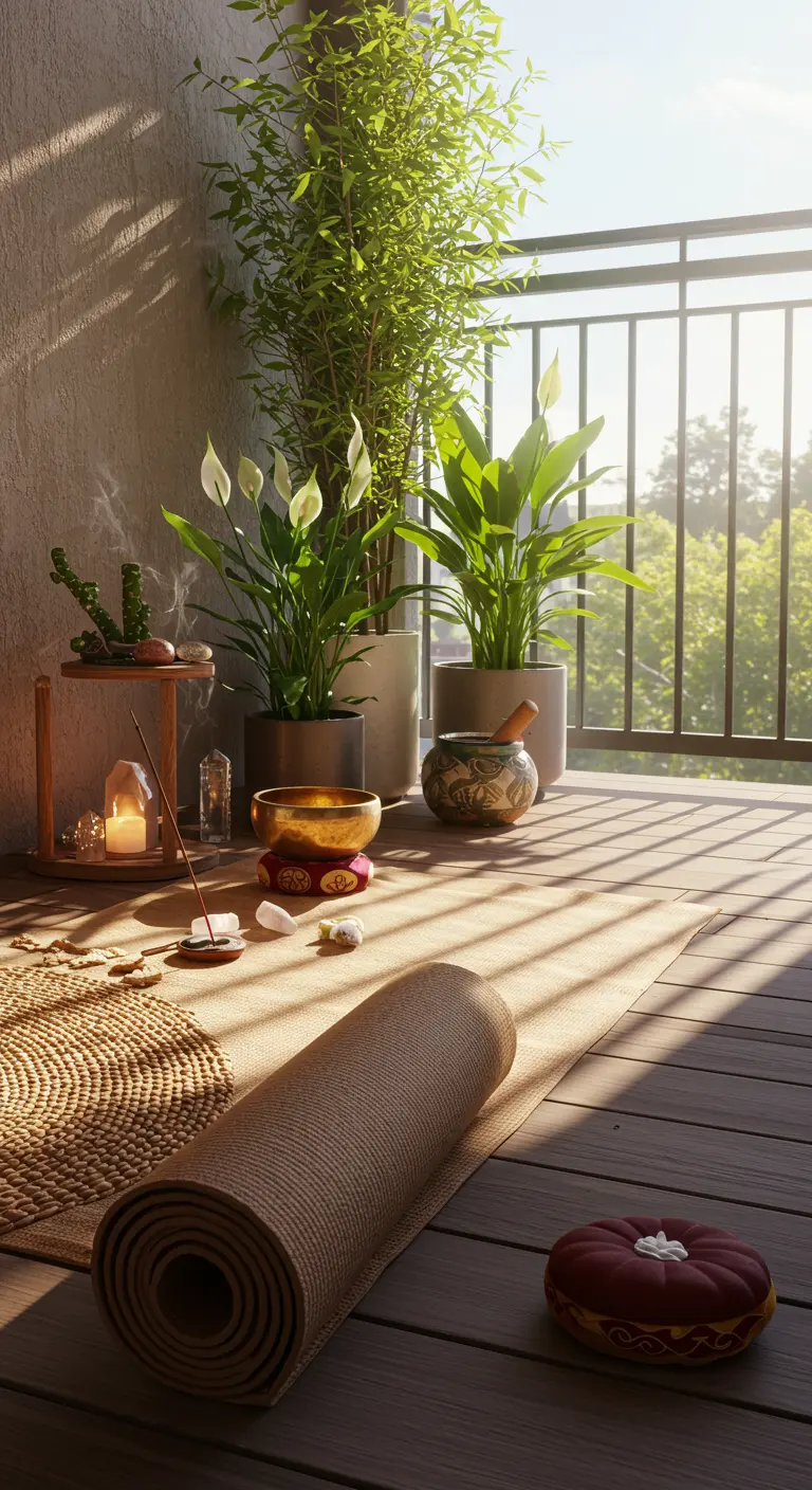 Balkon ingericht als serene yogaplek met planten en wierook.