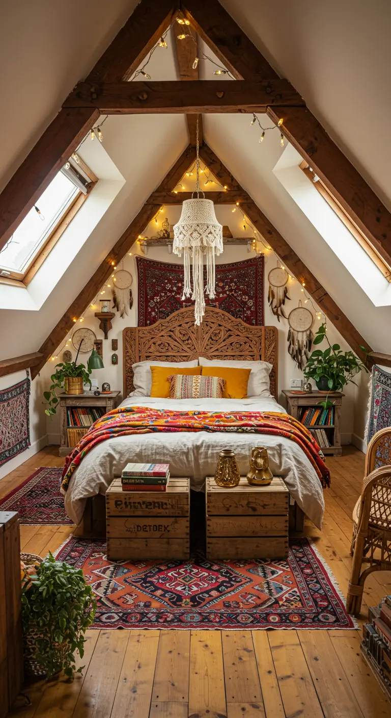Boho slaapkamer op zolder met bed onder houten balken, veel textiel en planten.