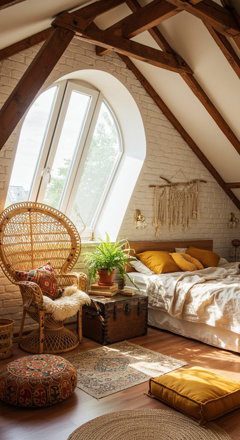 Bohemian zolderslaapkamer met rotan stoel en kist als nachtkastje.
