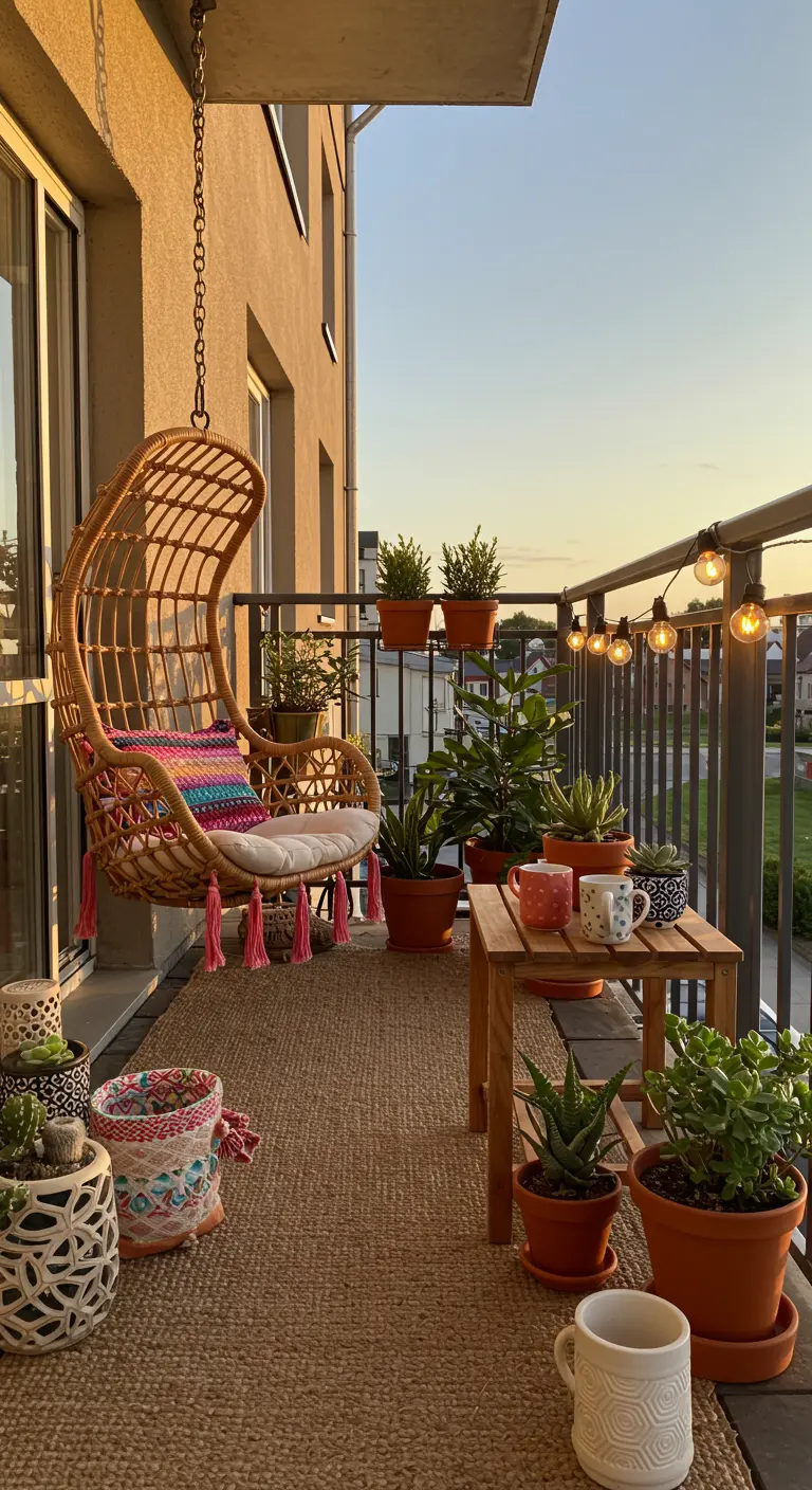 Balkon met rotan hangstoel, kleed, planten en lichtsnoer bij zonsondergang.