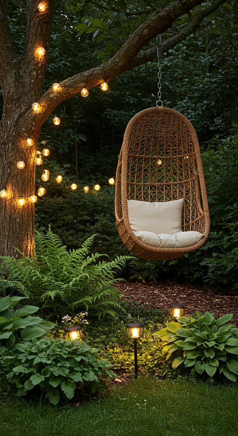 Rotan hangstoel hangend aan een boom in een tuin met varens, lichtslingers en solar grondspots.