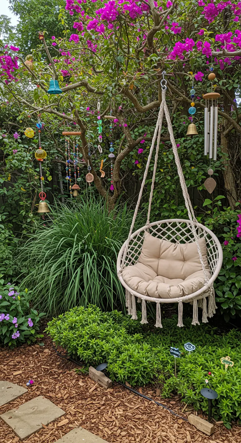 Macramé hangstoel in een weelderige tuin met windgongen.