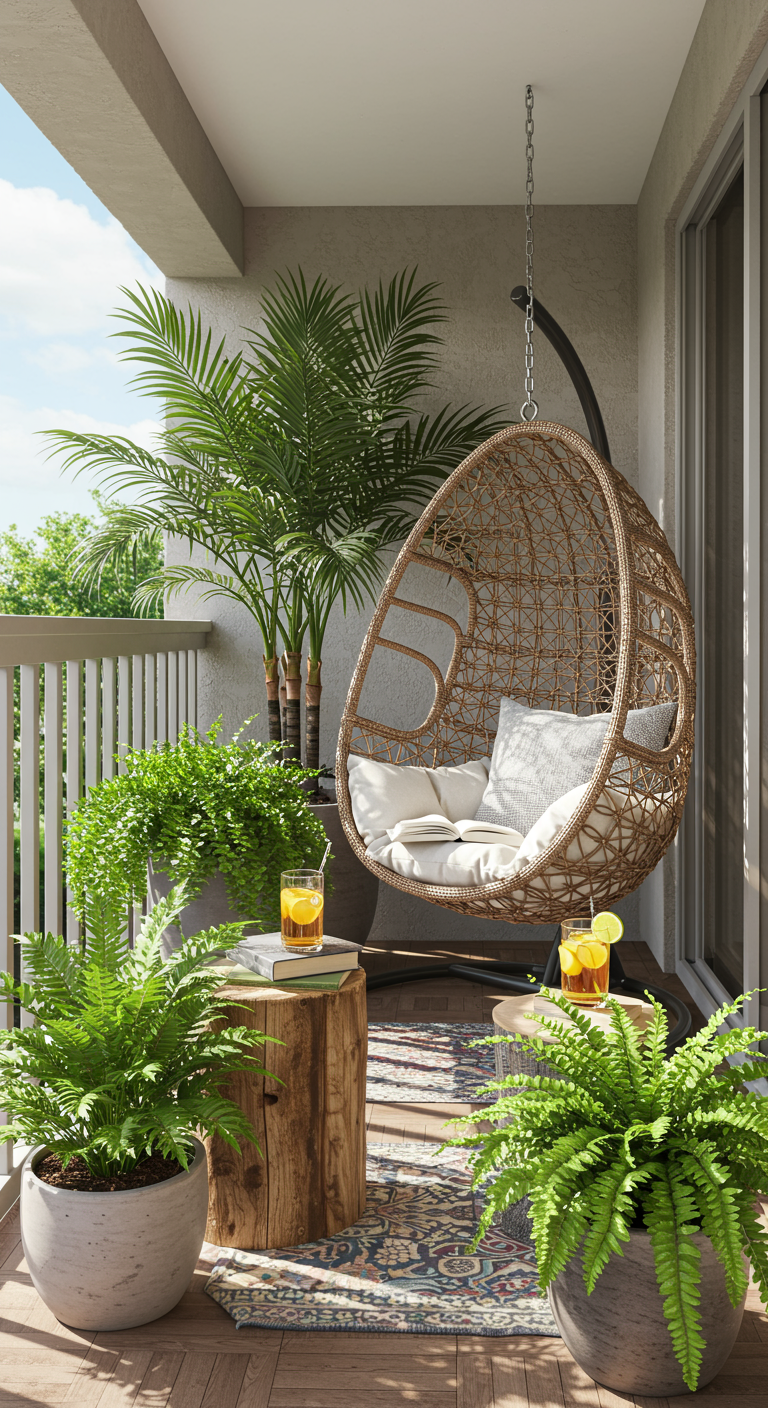 Balkon met rotan hangstoel, omringd door varens en een palmboom, met houten bijzettafels.