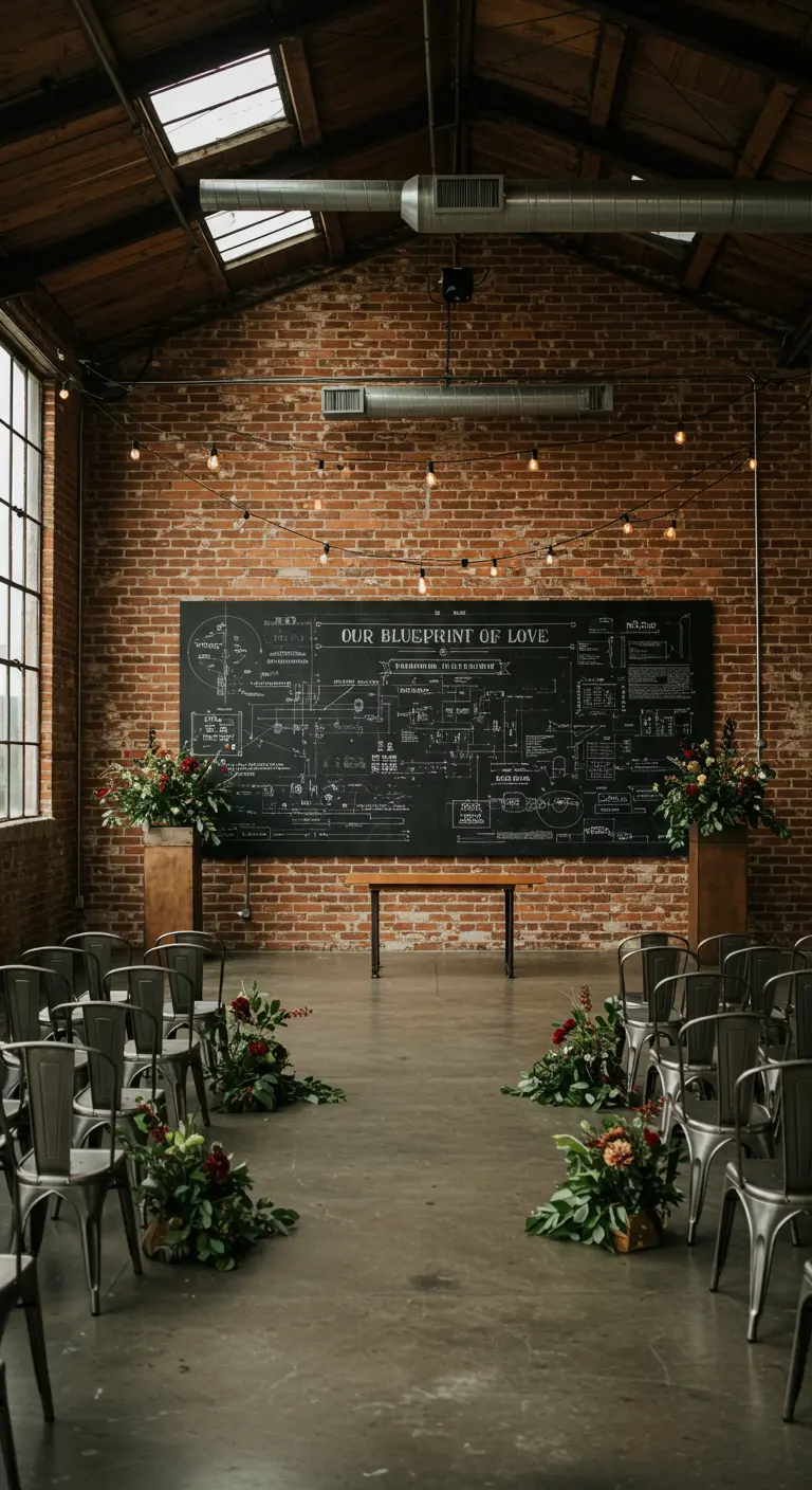 Industriële trouwceremonie met bakstenen muur en schoolbord met 'Our Blueprint of Love'.