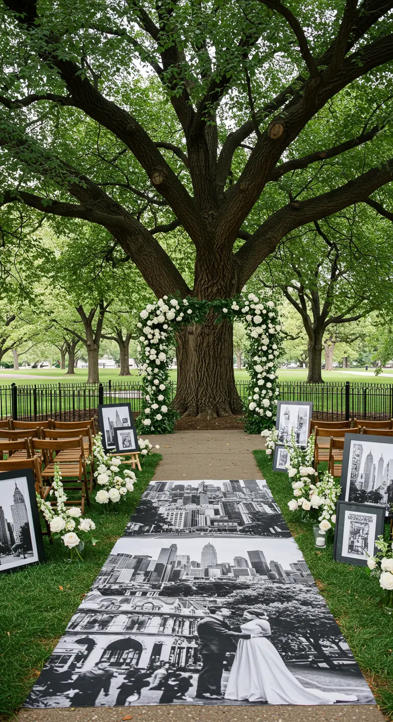 Trouwceremonie in stadspark met fotoloper, bloemenbogen bij grote boom.