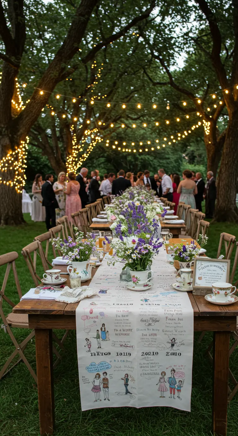 Lange houten dinertafel buiten met een persoonlijke geïllustreerde tafelloper en bloemen.