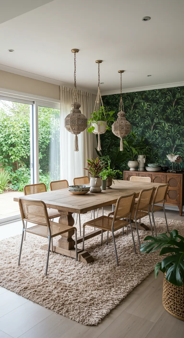 Eetkamer met donkergroen jungle behang, houten tafel, rotan stoelen, hangplanten en Marokkaanse lampen.