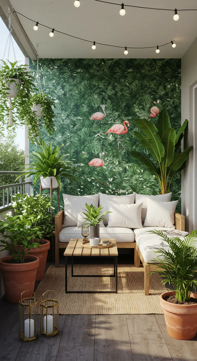 Balkon met tropisch buitenbehang van flamingo's, rotan bank, planten en lichtslingers.