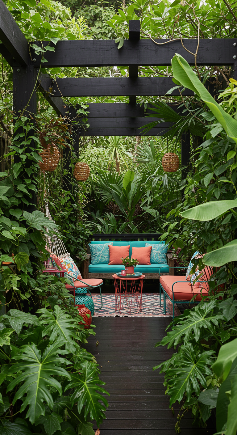 Donkere houten pergola omringd door weelderige tropische planten, met kleurrijke kussens en hangmat.