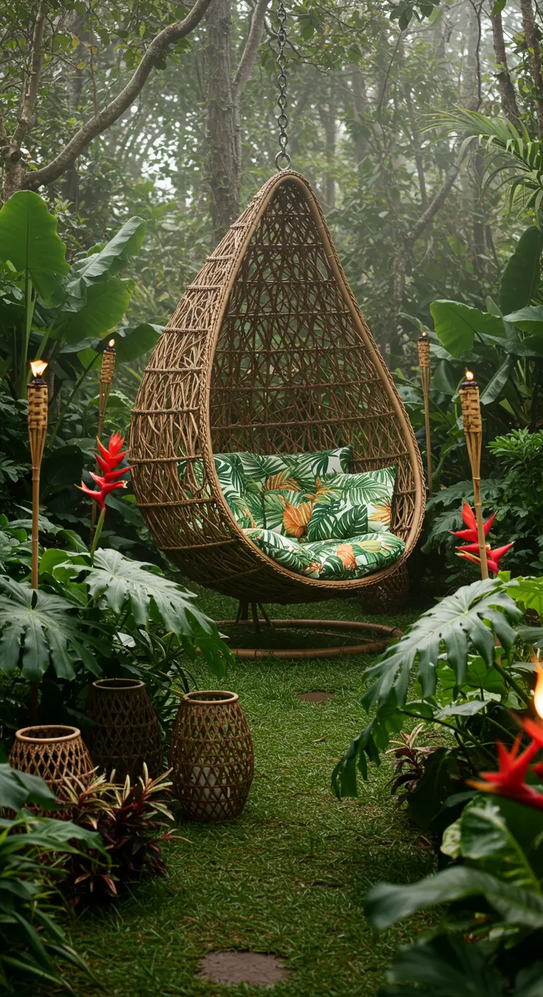 Grote eivormige hangstoel met groene kussens in een weelderige, tropische tuin met fakkels.