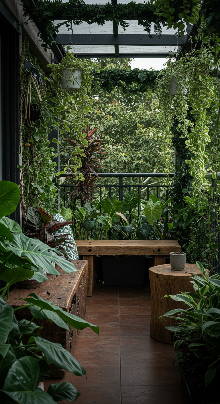 Smal, weelderig balkon vol hangende en staande groene planten met houten meubels.